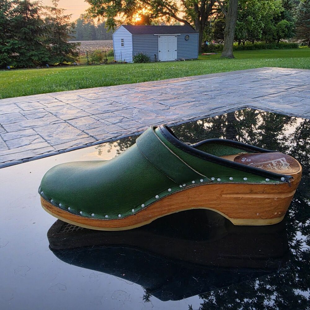 Swedish Bastad Toffeln Originals Green Leather and Wood Clogs Size 40 US 9 - Picture 6 of 10